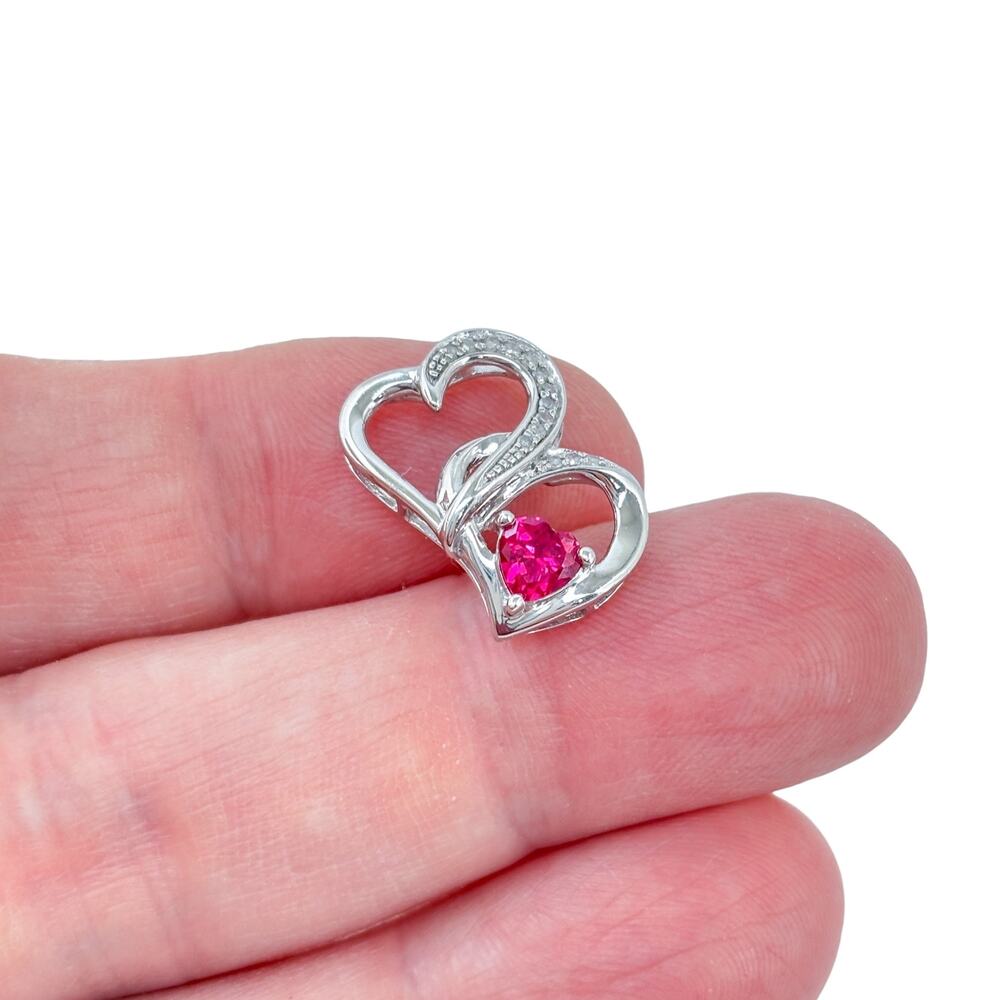 Vintage Sterling Silver 925 Lab-Created Ruby Heart Pendant